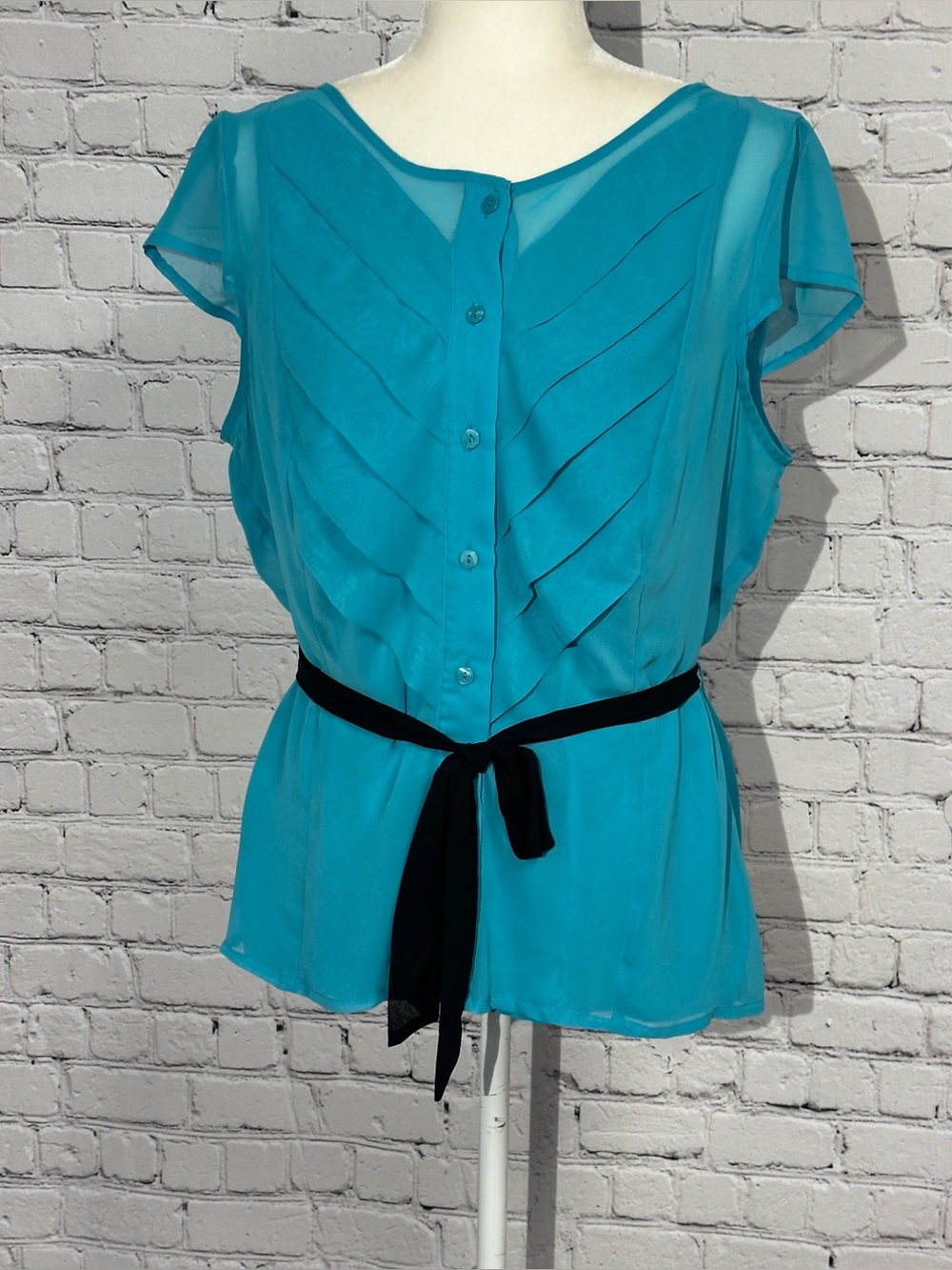 Women’s Teal Button-Front Blouse with Waist Tie
